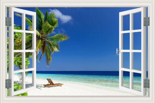 3D Beach Window View Wall Sticker Removable Summer Coconut Tree Murals Wallpaper Peel and Stick Living Room Kitchen Sticker