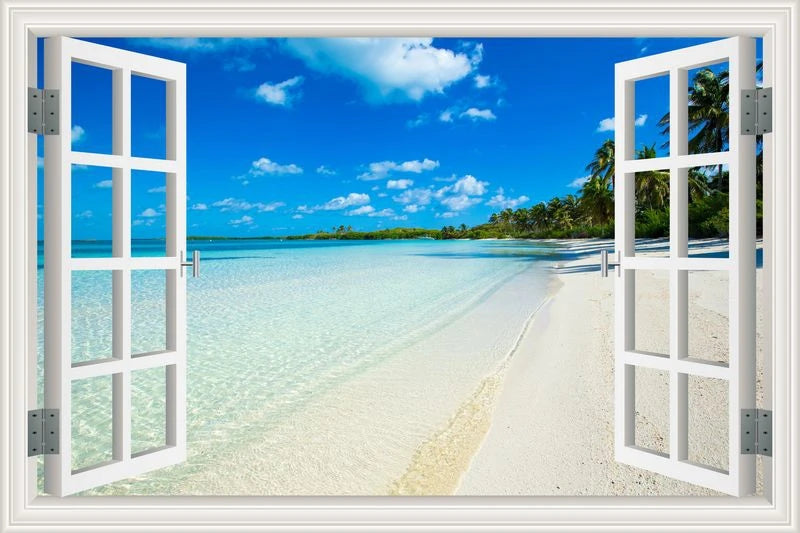 3D Beach Window View Wall Sticker Removable Summer Coconut Tree Murals Wallpaper Peel and Stick Living Room Kitchen Sticker