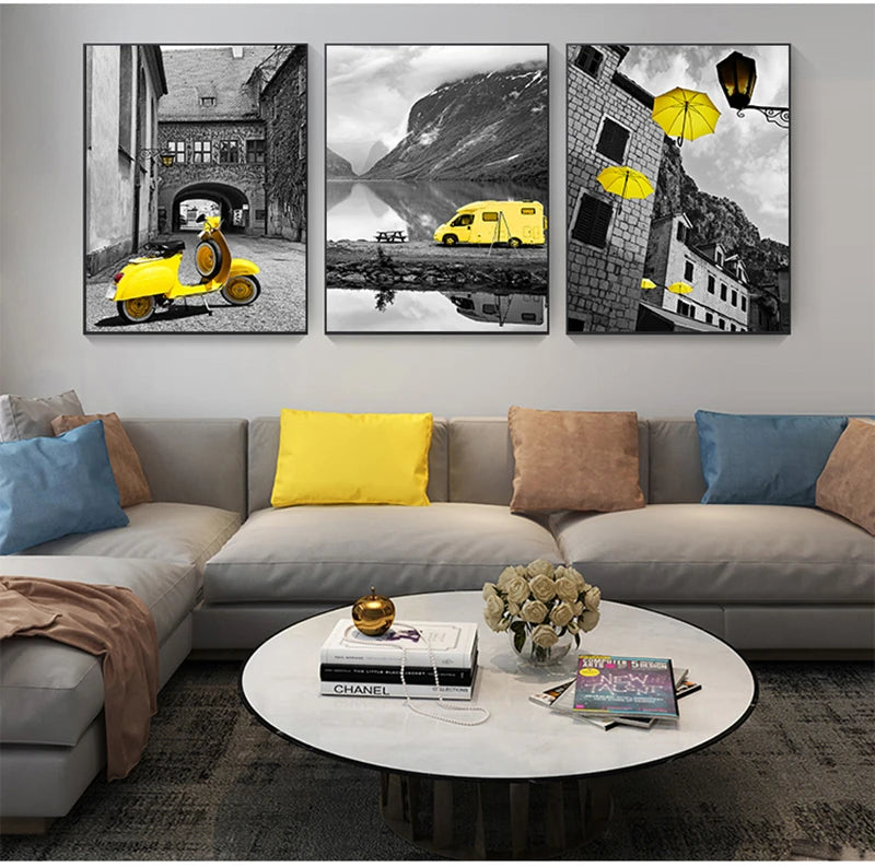 Black And White Landscape Nordic Canvas Painting Set Art Yellow Scenery Wall Picture For Living Room Decoration Poster And Print