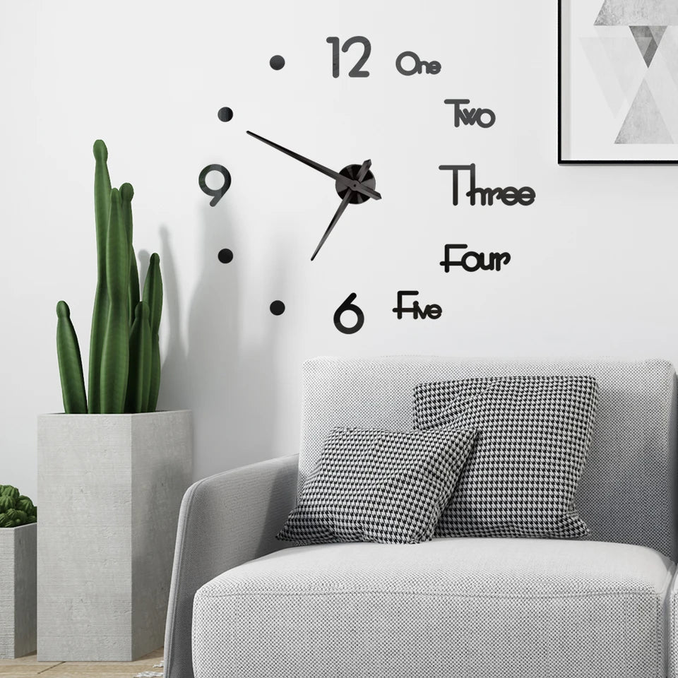 3D Wall Clock DIY Big Wall Clocks Modern Living Room Acrylic Mirror Stickers Self-Adhesive Quartz Watch Silent Home Decoration