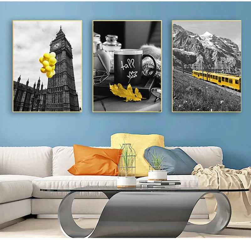 Black And White Landscape Nordic Canvas Painting Set Art Yellow Scenery Wall Picture For Living Room Decoration Poster And Print
