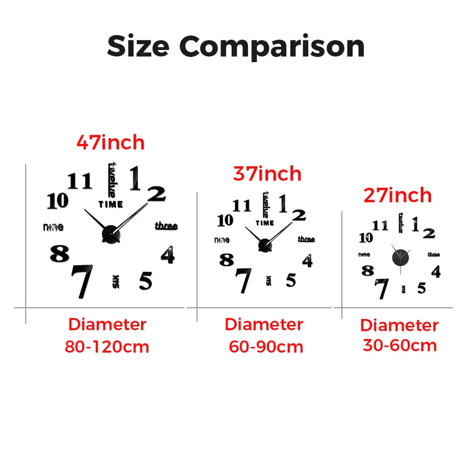 3D Wall Clock DIY Big Wall Clocks Modern Living Room Acrylic Mirror Stickers Self-Adhesive Quartz Watch Silent Home Decoration