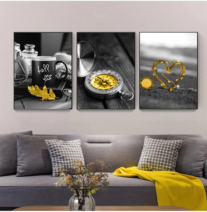 Black And White Landscape Nordic Canvas Painting Set Art Yellow Scenery Wall Picture For Living Room Decoration Poster And Print